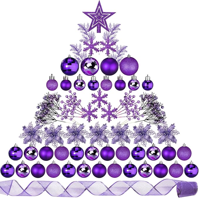 Sratte 94 Pcs Christmas Tree Decorations Set, Christmas Tree Ball Ornaments Glitter Poinsettia Flowers Decorations Glitter Berries Stems for Xmas Holiday Wedding(Purple)