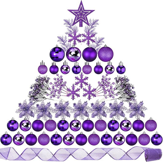 Sratte 94 Pcs Christmas Tree Decorations Set, Christmas Tree Ball Ornaments Glitter Poinsettia Flowers Decorations Glitter Berries Stems for Xmas Holiday Wedding(Purple)