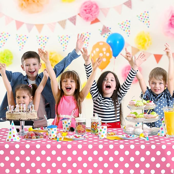 WNINK 6 Pack Pink and White Polka Dot Tablecloths – Disposable Plastic Waterproof Table Cover, 54" x 108", for Birthday, Wedding, Bridal Shower, Bachelor, Pink Girl Party, and Picnic