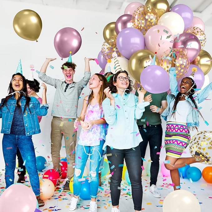 Pink and Purple Balloons,12 Inch Metallic Pink Light Purple White and Gold Baloons with Confetti Balloon for Girls Birthday Baby Shower Wedding Bridal Shower Party Decorations