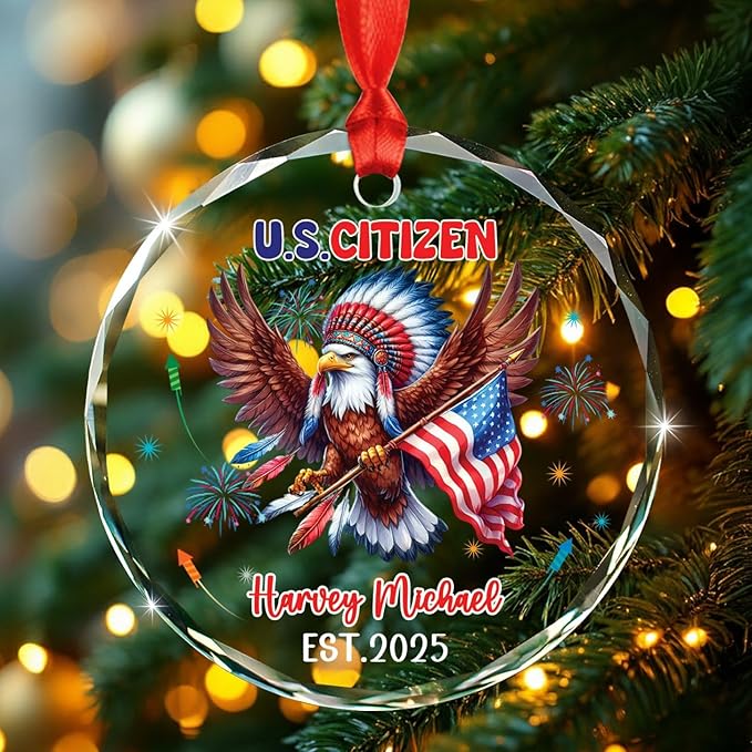 U.S. Citizen Eagle Glass Ornament Gift for Congratulations US Citizenship, Personalized New American Citizen Xmas Ornament 2025, Custom Citizens Decor Ornaments Gift for Immigrants Naturalization