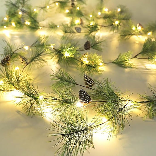 Pre-lit Christmas Garland with Lights 9.84 FT Smokey Pine Garlands 40 LED Fairy Lights Battery Operated with Timer Pine Cones Artificial Greenery Garland Wreath for Christmas Home Mantle Stairs Decor