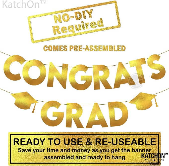 KatchOn, Glitter Gold and Black Congrats Grad Banner - 10 Feet | Gold and Black Grad Banner, Cap Garland for Graduation Cap Decorations 2025 | Graduation Decorations 2025