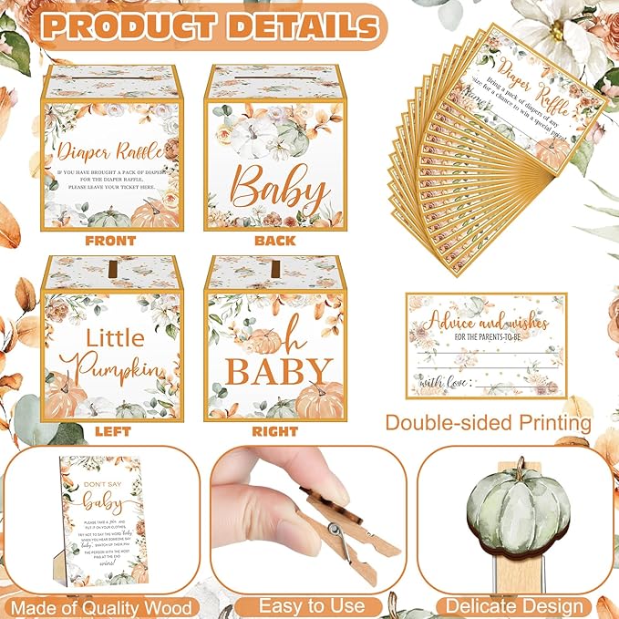 102 Pcs Baby Shower Game Supplies Diaper Raffle Tickets with Diaper Raffle Card Box Don't Say Baby Sign Mini Clothespin Shower Game Decor for Gender Reveal(Little Pumpkin)