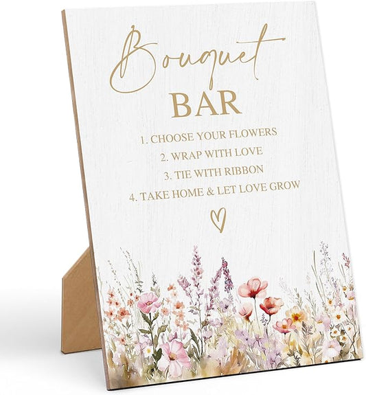 Floral Wedding Bouquet Bar Sign, Wedding Reception Table Decorations, Reception Table Wooden Sign with Back Stand for Bridal Shower Parties, Engagement Night Accessories, Anniversary Party, 5