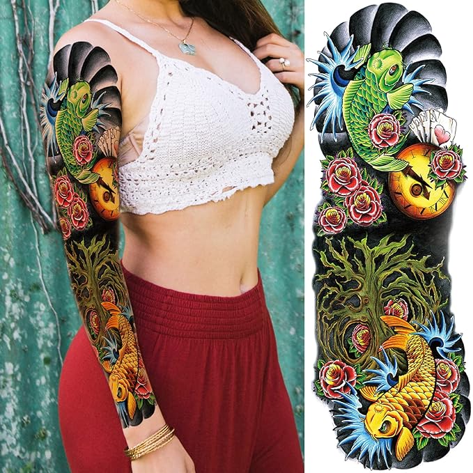 Colorful Temporary Tattoo Sleeve for Kid, 4-Sheet Full Arm Watercolor Realistic Fake Sleeve Tattoo Sticker Halloween and 4-Sheet Large Skull Joker Half Temp Tatoo Boy Girl Leg Party Favor Body Art