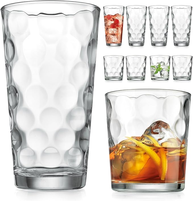 Home Essentials & Beyond Glassware Drinking Glasses Set Of 8 4 Highball (17 oz.) Kitchen Glasses | 4 (13 oz.) Rocks Glass Cups for Water, Juice and Cocktails.
