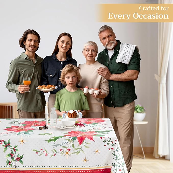 Maison d' Hermine Table Cloth Rectangle Table 100% Cotton 70 x 90 Inches Fall Tablecloth Reusable Everyday Use for Thanksgiving Christmas Decorations Dining Farmhouse Party (Poinsettia Christmas)