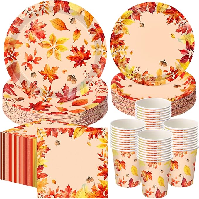 250 Pcs Fall Thanksgiving Party Decoration Colored Maple Fall Leaf Paper Plates Napkins and Cups Harvest Decorations Tableware Set for Autumn Leaves Theme Birthday Party Supplies, Serves 50
