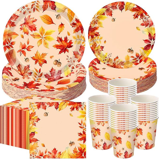 250 Pcs Fall Thanksgiving Party Decoration Colored Maple Fall Leaf Paper Plates Napkins and Cups Harvest Decorations Tableware Set for Autumn Leaves Theme Birthday Party Supplies, Serves 50