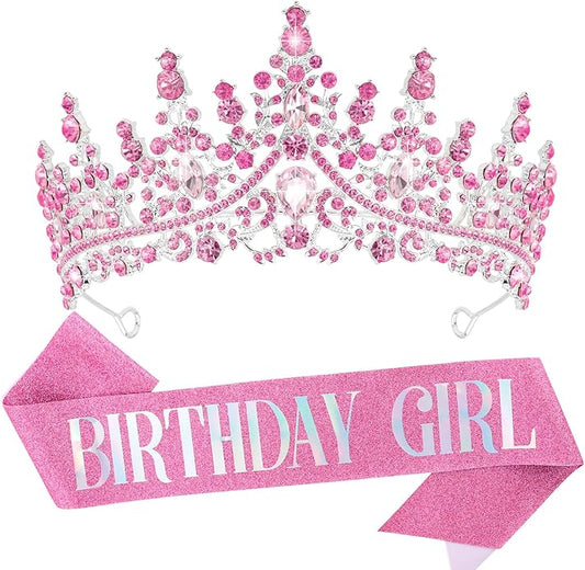 VELSCRUN Birthday Tiara Crowns for Women Girls Crystal Birthday Girl Headband Sash Elegant Princess Crown Happy Birth Party Decorations Women Sisters Birth Gift Hair Accessories