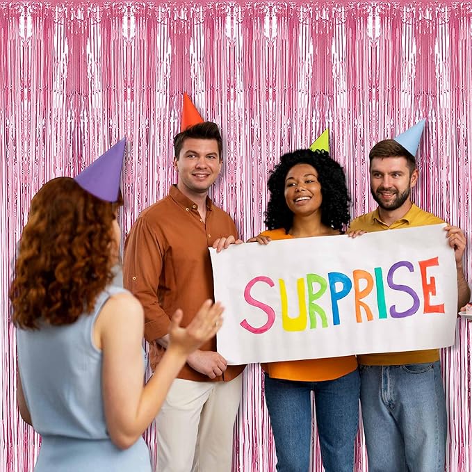 3 Pack Pink Foil Fringe Curtains Backdrop, 3.28 x 6.6 Ft Metallic Streamers Tinsel Curtains Background for Photo Booth, Birthday, Halloween, Christmas, Thanksgiving, New Year Party Decorations