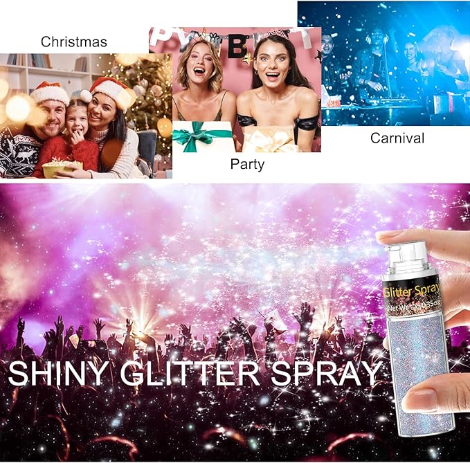 Holographic Body Glitter Spray 10g, Multicolor Sparkle Mist for Hair, Face Body, Long-Lasting Festival Makeup Glitter, Rave Party Shimmer Powder, DIY Craft Costume Glitter