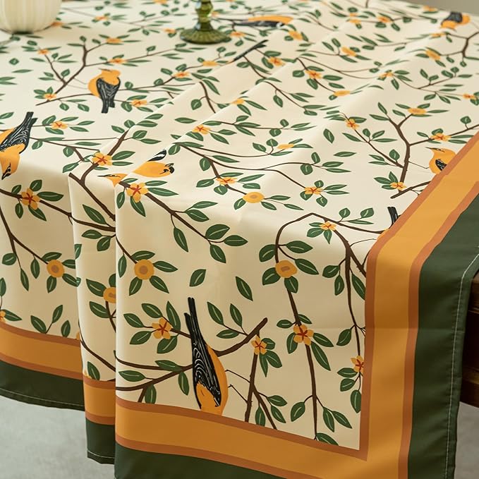 French Tablecloth Waterproof, Kumquat and Oriole Vintage Style Print – Stain Resistant, Washable Fabric Table Cover for Dining, Kitchen, Party, Vibrant Nature-Inspired Home Decor, W52 x L70
