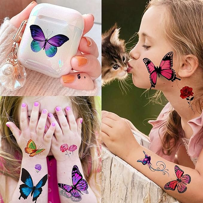 24 Sheets 155+ PCS 3D Colorful Butterfly Temporary Tattoos For Women Arm Boobs, Watercolor Butterfly Tattoos Stickers, Long Lasting Small Fake Tattoos For Kids Girls Adult Neck Cholo Lavender