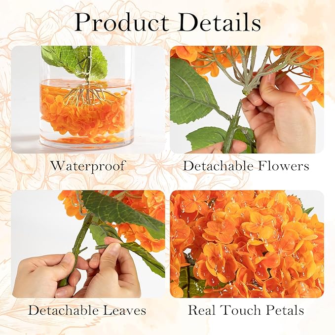 BonBloom's Fall Decor,3 Pcs Orange Hydrangea Artificial Flowers Latex Real Touch Faux Hydrangeas Lifelike Fake Hydrangea Flowers for Wedding Bouquet Party Table Centerpieces Outdoor Home Decor