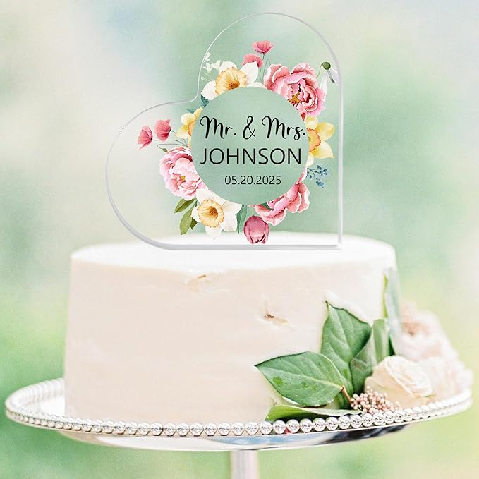 Custom Wedding Heart Acrylic Plaque,Mr & Mrs Cake Topper,Personalized Wedding Keepsake/Gift/Sign (Style 21)