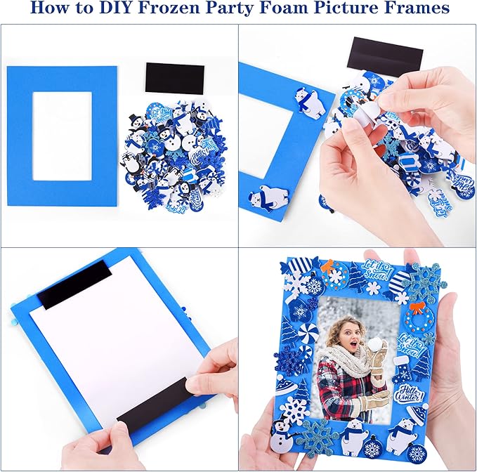 Fovths 12 Pieces Christmas Frozen Party Foam Picture Frames DIY Craft, 300 Pieces Snowflake Snowman Penguin Foam Stickers, 24 Pieces Craft Stickers for Winter Snow Party