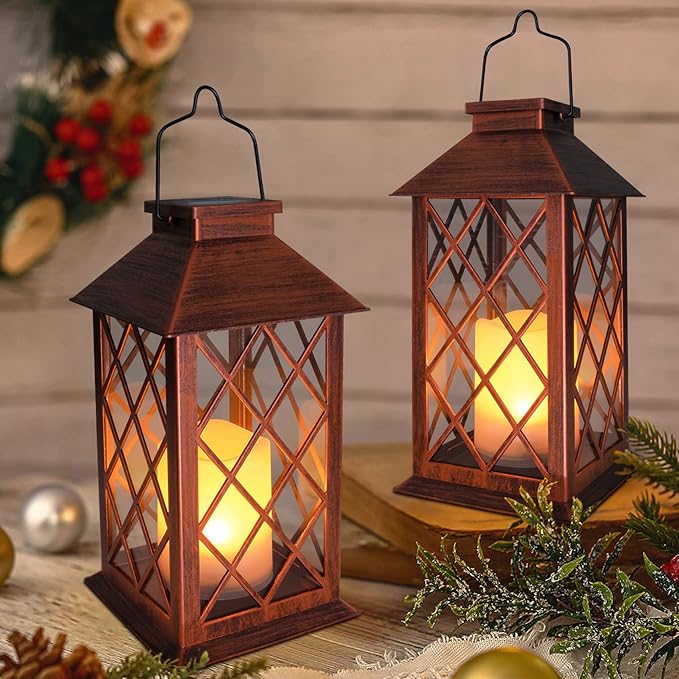 [2 Pack] TAKE ME 14" Solar Lantern Outdoor Garden Hanging Lantern Waterproof LED Flickering Flameless Candle Mission Lights for Table,Outdoor，Mothers Day Gifts Mom Wife