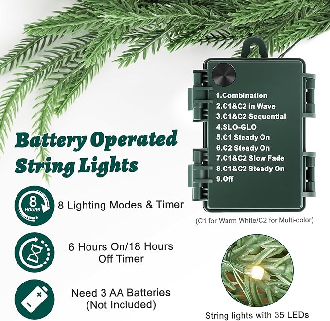 2 Pcs Prelit Christmas Norfolk Pine Garland with Lights, 6FT Battery Operated Real Touch Artificial Green Garlands for Table, Mantle, Stairs, Fireplace, Indoor & Outdoor Xmas Decorations