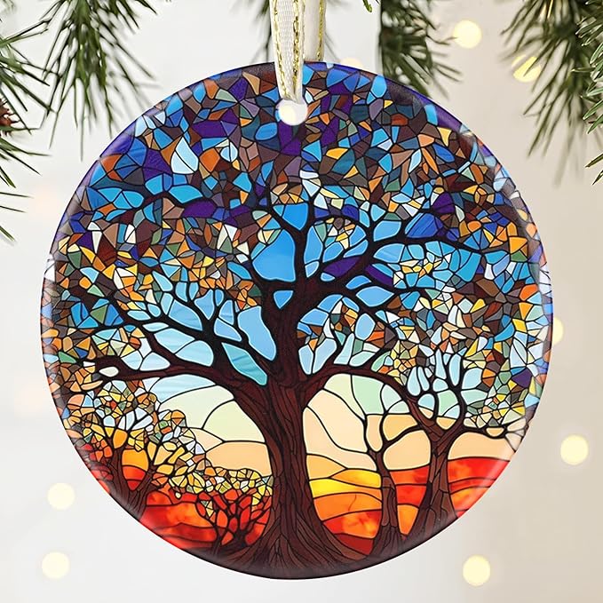 Tree of Life Ceramic Christmas Ornament, 3.5 Inch Hanging Decor for Christmas Tree, Gift Exchange Present