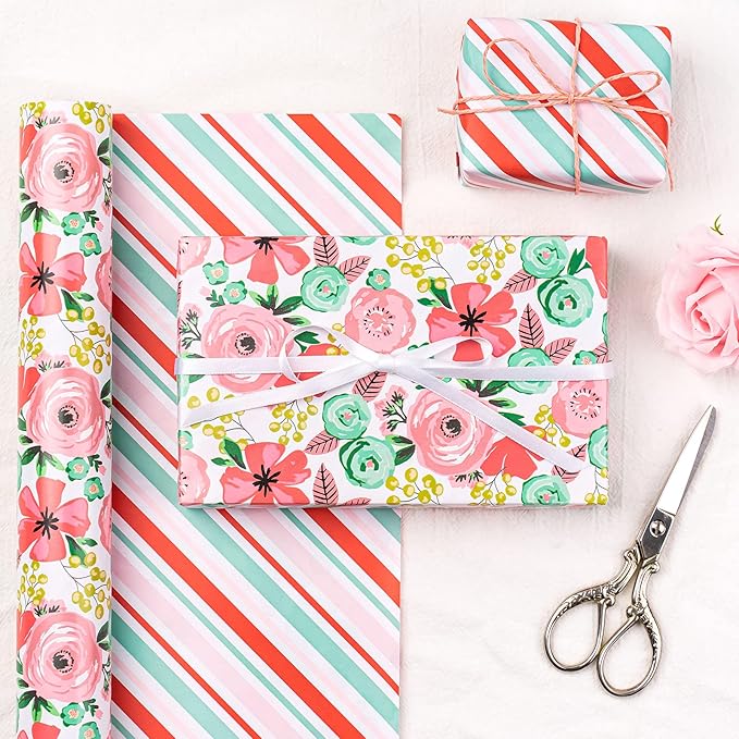 WRAPAHOLIC Reversible Floral Wrapping Paper - Mini Roll - 17 Inch X 33 Feet - Peach Pink Floral Design for Birthday, Mother's Day, Wedding, Baby Shower