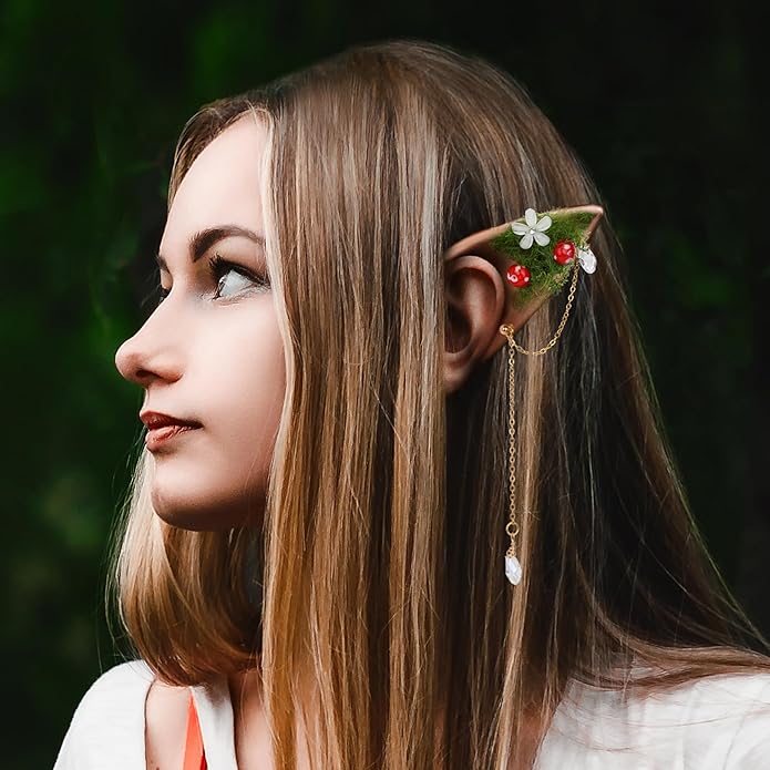 FRESHME Forest Mushroom Elf Ears, Soft Fairy Ears with Mushroom Moss and Flower Elven Ear Cuffs Halloween Renaissance Cosplay