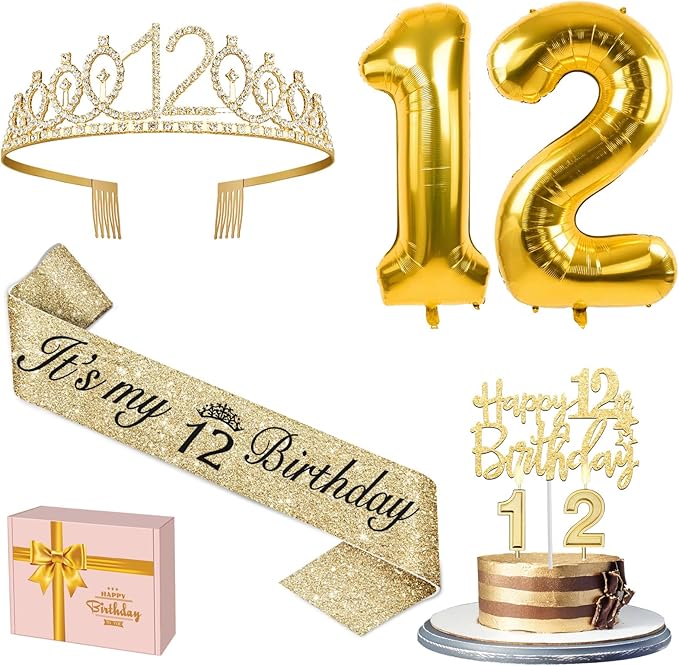 12th Birthday Decorations for Girls Gold with 12th Birthday Sash and Tiara, Candles and Cake Toppers, Number Balloons, 12 Year Old Gifts for Girl