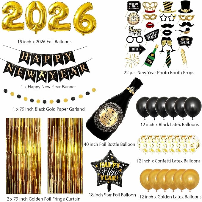 New Years Eve Party Supplies 2026 - 2026 Foil Balloon Banner and Curtains, Photo Booth Props, New Years Eve Decorations Black and Gold Party Supplies Decorations Photography Backdrops