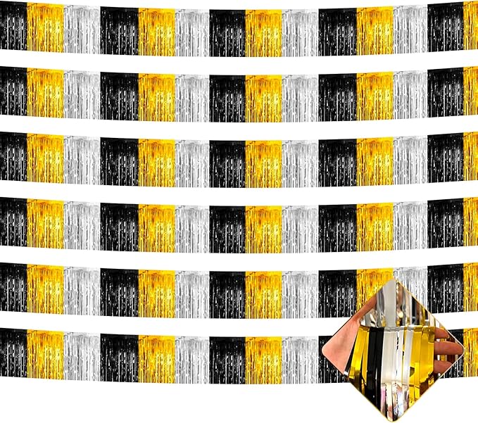6 Pack 10 Feet Foil Fringe Garland Metallic Tinsel Streamers Banner Wall Hanging Backdrop for Parade Floats Notorious One Birthday Roaring 20s Graduation Party Decorations(Black Gold Silver)