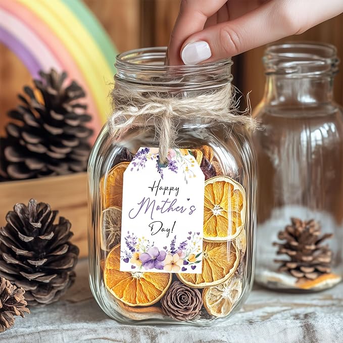 50PCS Mother’s Day Paper Tags with String, 2.2"x3.3" Floral Gift Tags for Mom, Purple Flower Design for Mother’s Day Gifts, Wrapping, and Party Favors