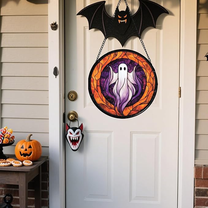 Stained Glass Window Hanging - Halloween Decorations White Purple Ghost Suncatcher for Doors Garden Indoor Spooky Funny Sun Catchers Gothic Decor Horror Gifts for Women Men Friend 9.8 in
