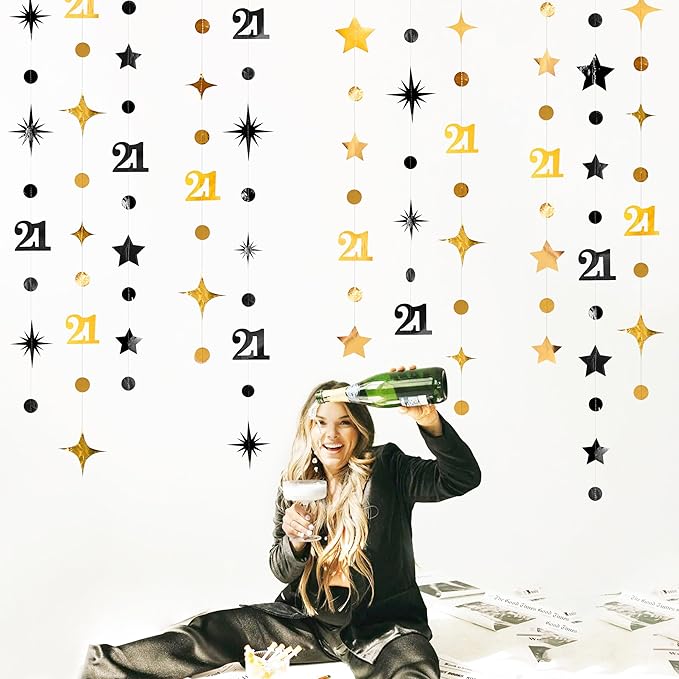 Black Gold 21st Birthday Decorations Number 21 Circle Dot Twinkle Star Garland Hanging Streamer Banner Backdrop for Girls Boys Cheers to 21 Years Finally Legal Bday 21st Anniversary Party Supplies