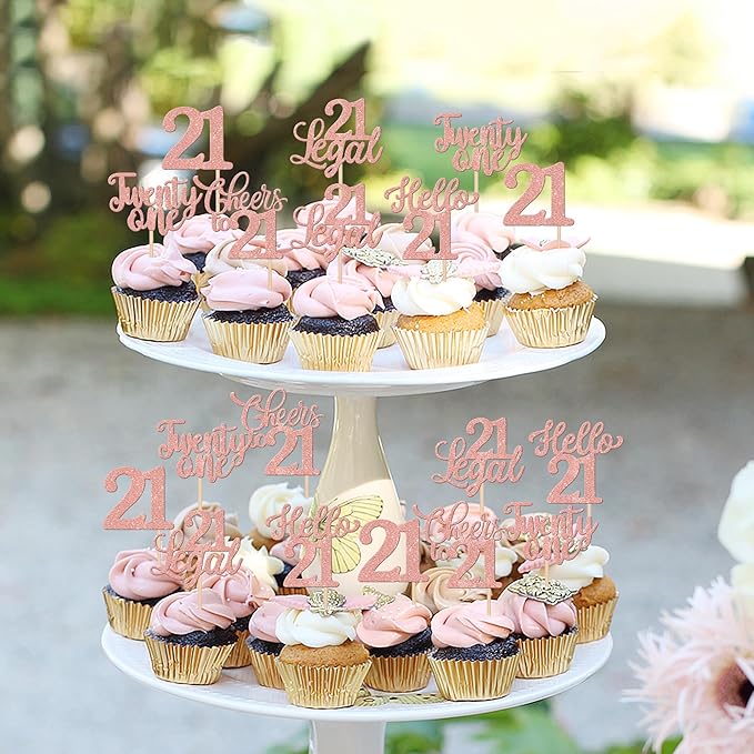 30PCS Happy 21st Birthday Cupcake Toppers Glitter Twenty One Legal 21 Hello 21 Cupcake Picks Cheers to 21 Birthday Decorations for 21st Birthday Anniversary Party Cake Decoration Supplies Rose Gold
