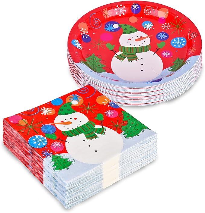 Gatherfun Christmas Party Supplies Christmas Snowman Disposable Paper Dinner Plates and Napkins for party decorations, Serve 50