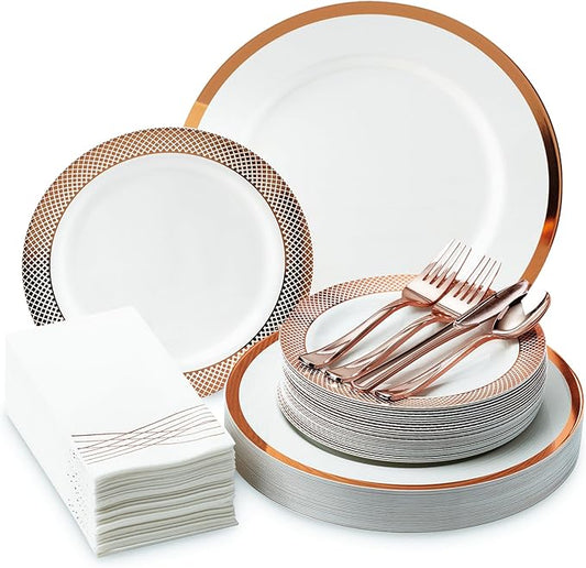 By Madee PREMIUM Elegant Plastic Dinnerware Set - 175 Pc Rose Gold Party Plates and Utensils Set with Luxury Napkins - Perfect for Weddings, Bridal & Baby Shower (25 Guests)