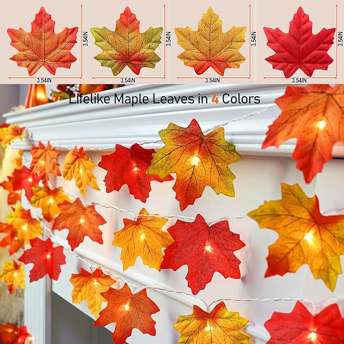 Fall Decorations Leaves Garland with Lights,Home Maple Leaf String Lights Multicolored 2 Pack 40FT 80LED Battery Operated with Timer,for Autumn Harvest Table Fireplace Porch Thanksgiving Indoor Decor