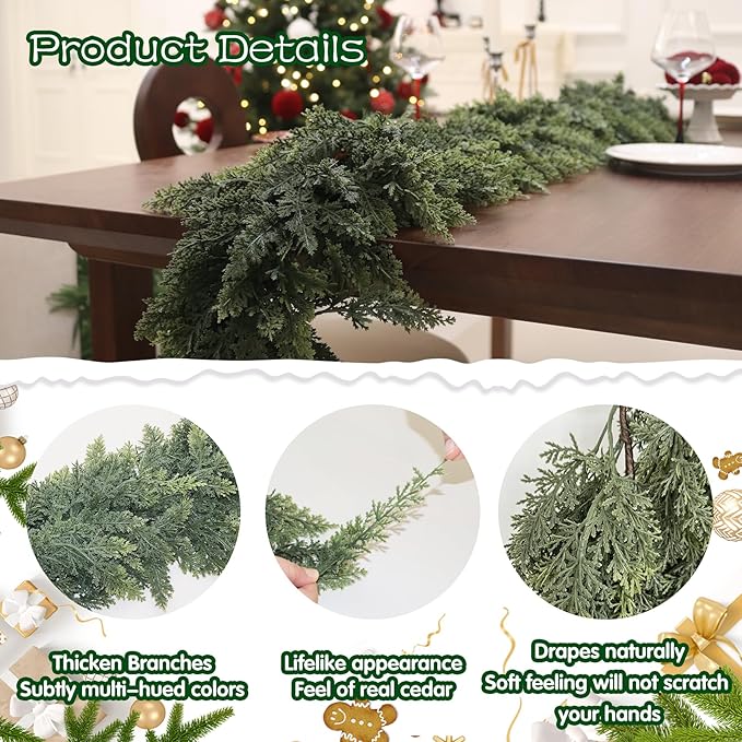 4PCS 6FT Artificial Cedar Garland for Christmas Decoration - Realistic Winter Greenery Garland for Mantel, Fireplace, Table, Door, Holiday Indoor Outdoor Decor