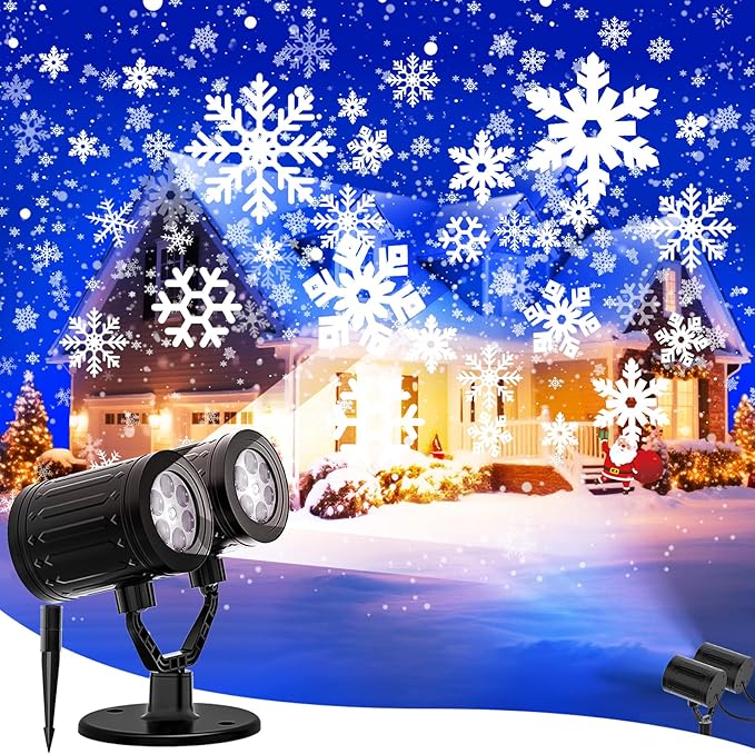 Snowflake Christmas Projector Lights Outdoor, 2025 Upgraded Double Head, 360° Rotating, IP65 Waterproof, Timer Function - Holiday, Party, Christmas Decorations & Gifts for Yard, Garden, Indoor