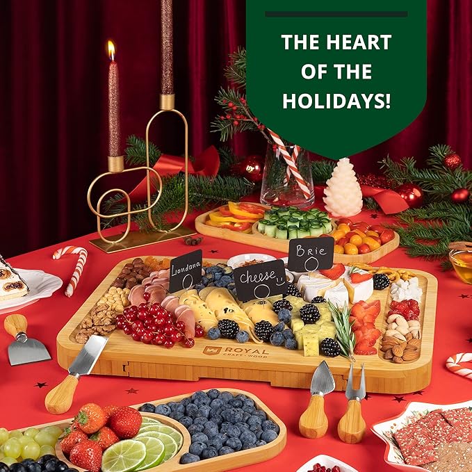 ROYAL CRAFT WOOD Bamboo Cheese Board and Knife Set with Charcuterie Board & Serving Tray with Appetizer Plates & Side Trays (17.5 x 13)