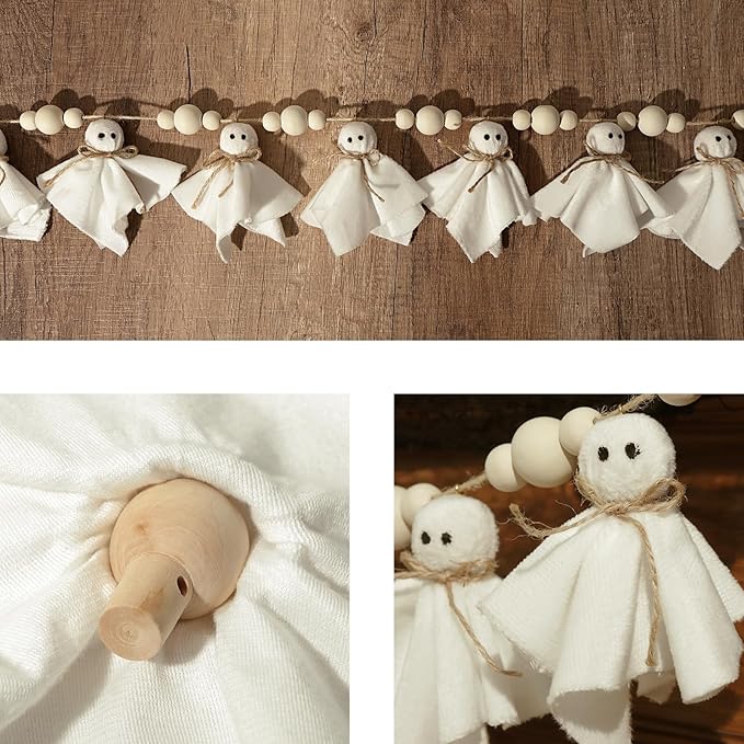 7Ft Cute Halloween Ghost with Wooden Beads Garlands, Handmade Rustic Halloween Banner for Wall Home Indoor Outdoor Spring Decor Supplies, White