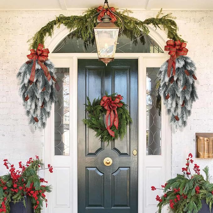 RECUTMS Hanging Artificial Greenery Artificial Pine Needle Branches Green Plant Pine Needle Accessories Faux Outdoor Plants Hanging Teardrop Christmas swags for Christmas Home Decoration(White)