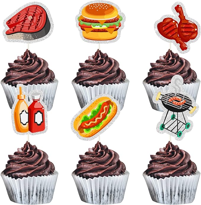 18Pcs BBQ Theme Cupcake Toppers - BBQ Time Summer Cupcake Decorations - Grilling Barbeque Burgers - Friends Family Activity Gathering Holiday Party Decorations