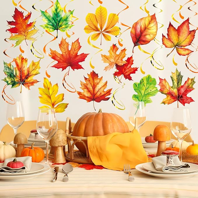 30Pcs Fall Maple Leaf Hanging Swirls, Thanksgiving Ceiling Hanging Decorations Fall Leaves Swirls Streamers for Thanksgiving Autumn Harvest Party Supplies