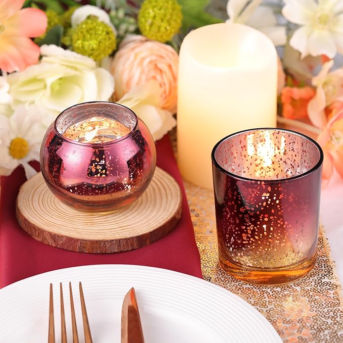 Volens 30pcs Assorted Burgundy Votive Candle Holders Bulk, Large Mercury Glass Votive for Wedding Table Centerpieces, Burgundy and Gold Themed Party Decorations and Home Decor