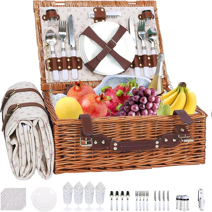 Picnic Baskets Wicker Willow Picnic Set for 4 Persons with Insulated Cooler Bag and Waterproof Picnic Blanket