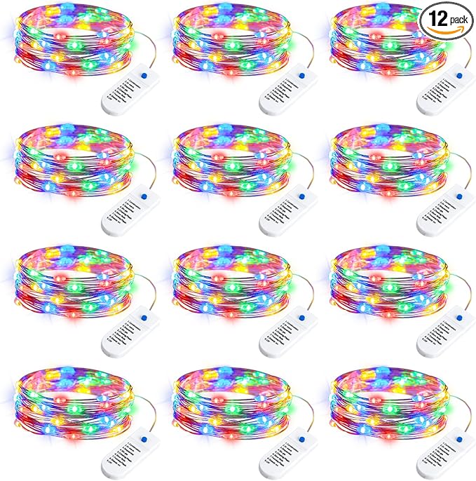 Minetom 12 Pack Fairy Lights Battery Operated String Lights, 8 Modes & Timer, 7ft 20LED Multicolor Waterproof Silver Wire Twinkle Lights, Firefly Starry Moon Lights for Mason DIY Christmas Wedding