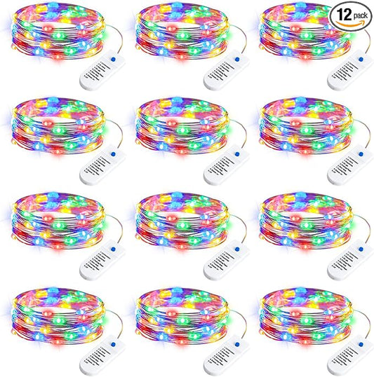 Minetom 12 Pack Fairy Lights Battery Operated String Lights, 8 Modes & Timer, 7ft 20LED Multicolor Waterproof Silver Wire Twinkle Lights, Firefly Starry Moon Lights for Mason DIY Christmas Wedding