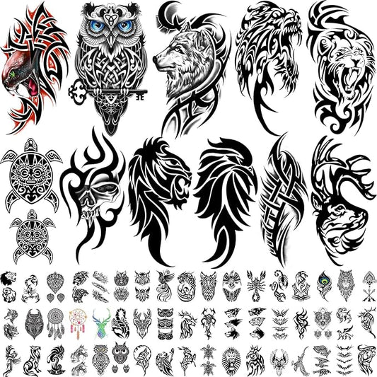 77 Sheets Tribal Temporary Tattoos for Men, 17 Sheets Half Arm Western Tribal Wolf Lion Owl Skull Fake Tattoos for Adults Women, 60 Black Tiny Tattoos Sticker for Halloween Party Supplies