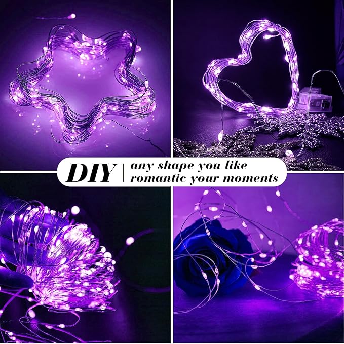 ZGWJ 50 Pack Fairy Lights Battery Operated, 7ft 20 Mini LED Fairy String Lights Silver Wire 3 Modes for DIY, Parties, Wedding, Bedroom, Halloween Christmas Decoration Purple
